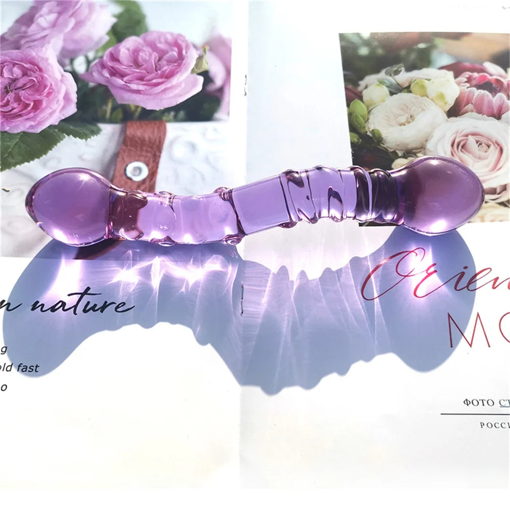 Double Ended Crystal Purple Pyrex Glass Dildo, Artificial Penis Granule and Spiral G Spot Simulator Adult Sex Toys for Woman