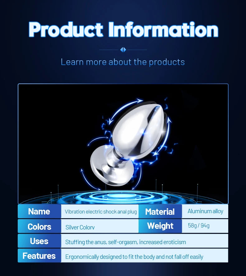 Remote Control Metal Anal Plug Vibrating Electric Shock Stimulator - Steel Adult Sex Toy for Couples, Butt Plug for Men Women