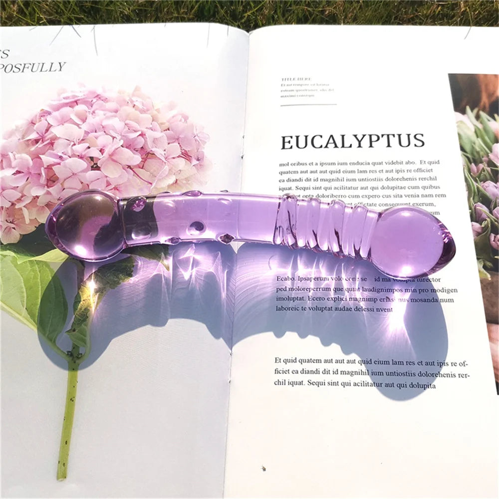 Double Ended Crystal Purple Pyrex Glass Dildo, Artificial Penis Granule and Spiral G Spot Simulator Adult Sex Toys for Woman