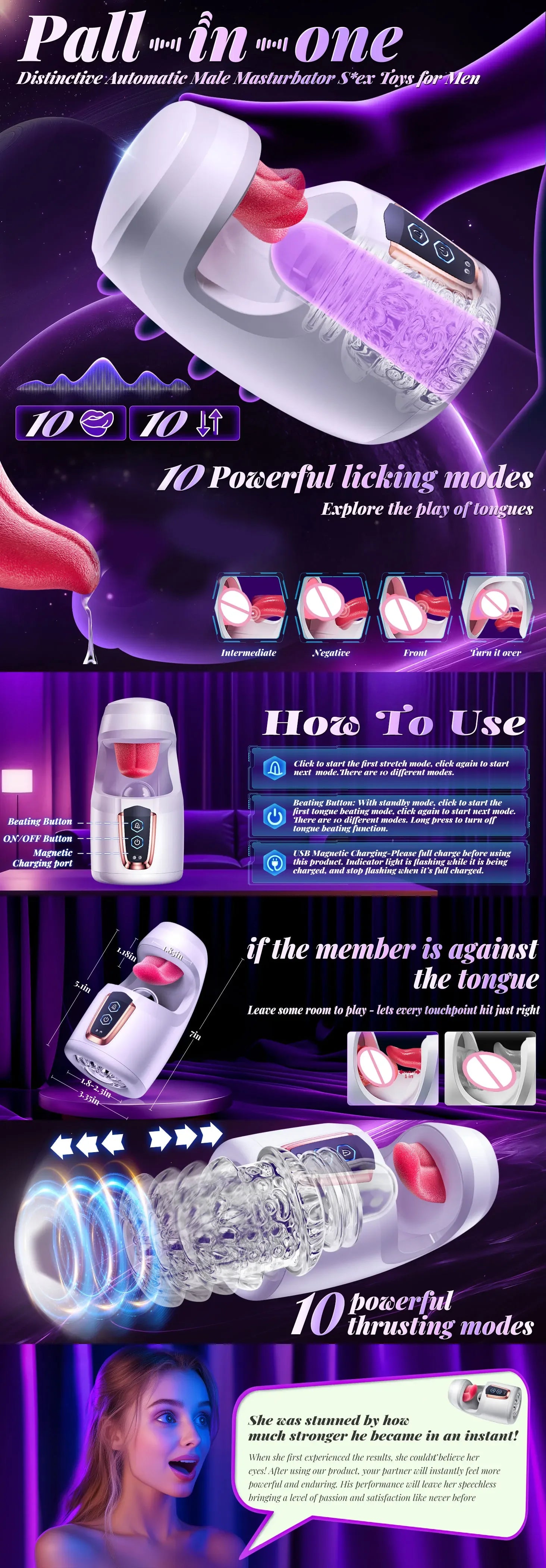 KUSHOR Tongue Licking Male Masturbator 10 Thrusting Blowjob Sex Machine Stroker for Glans Training Sex Toys for Men Pleasure