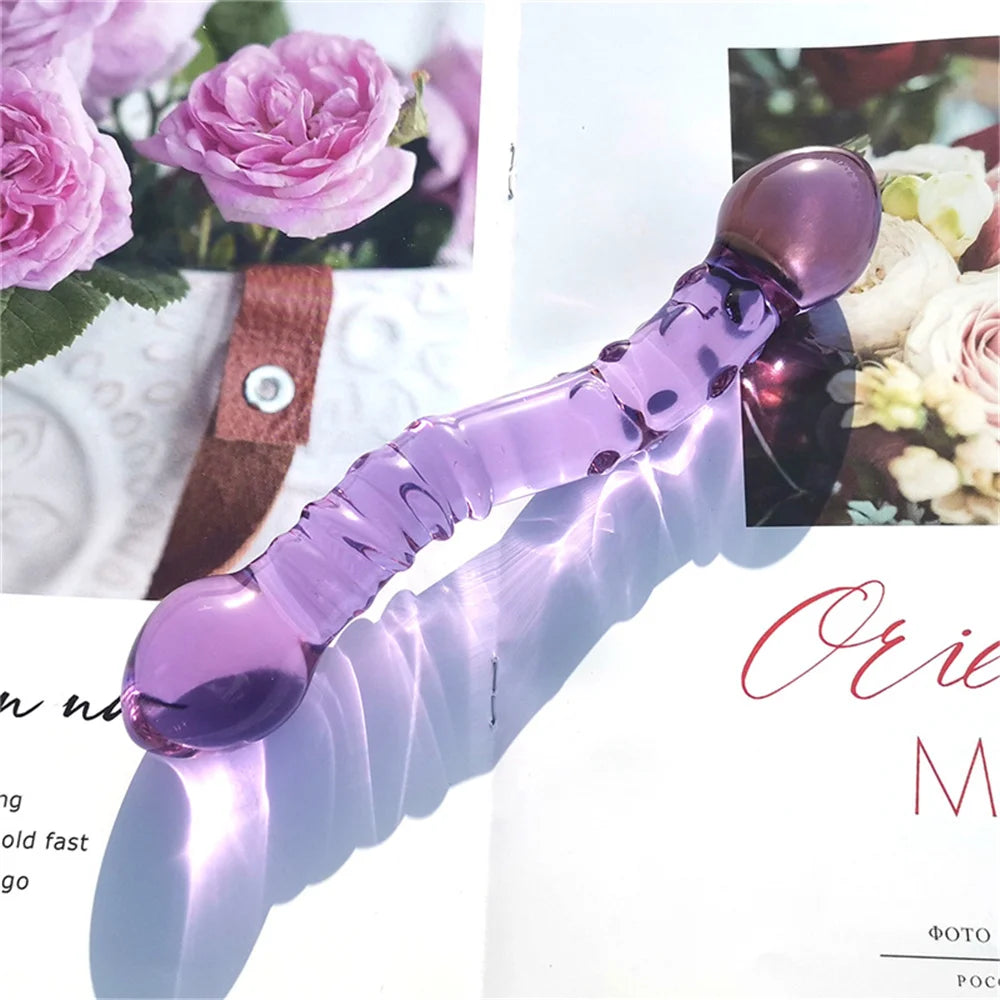 Double Ended Crystal Purple Pyrex Glass Dildo, Artificial Penis Granule and Spiral G Spot Simulator Adult Sex Toys for Woman