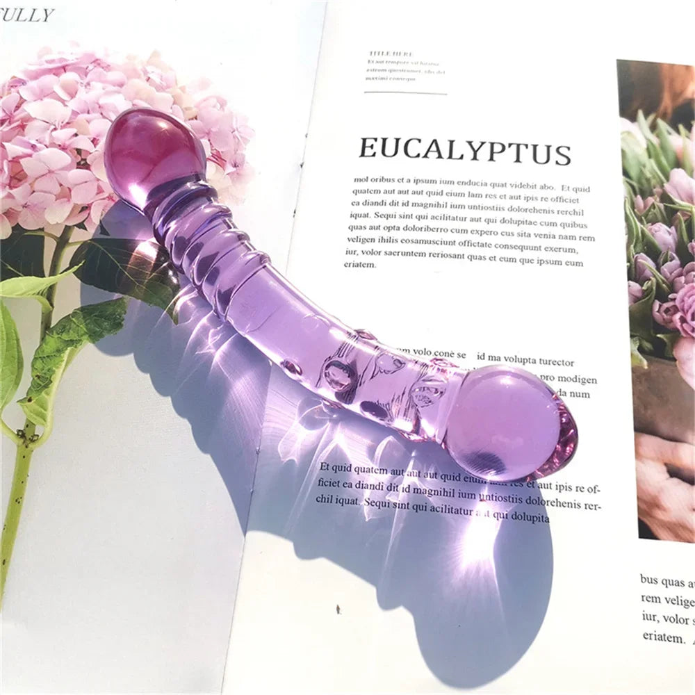 Double Ended Crystal Purple Pyrex Glass Dildo, Artificial Penis Granule and Spiral G Spot Simulator Adult Sex Toys for Woman