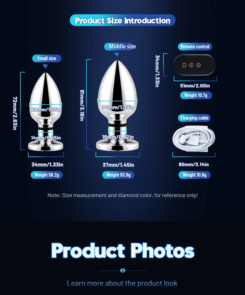 Remote Control Metal Anal Plug Vibrating Electric Shock Stimulator - Steel Adult Sex Toy for Couples, Butt Plug for Men Women